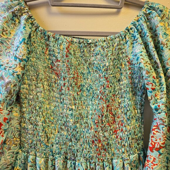 Zury Bohemian Style Dress Free Size Silk Smocked Bell Sleeve - Picture 3 of 9